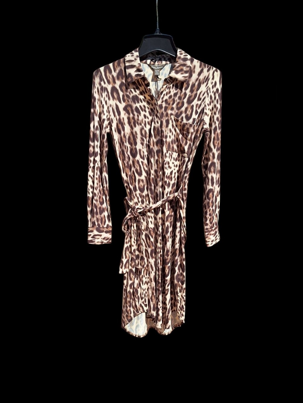 Tommy Bahama Belted Shirt Dress Leopard Long Sleeve Jersey Midi Brown XS NEW